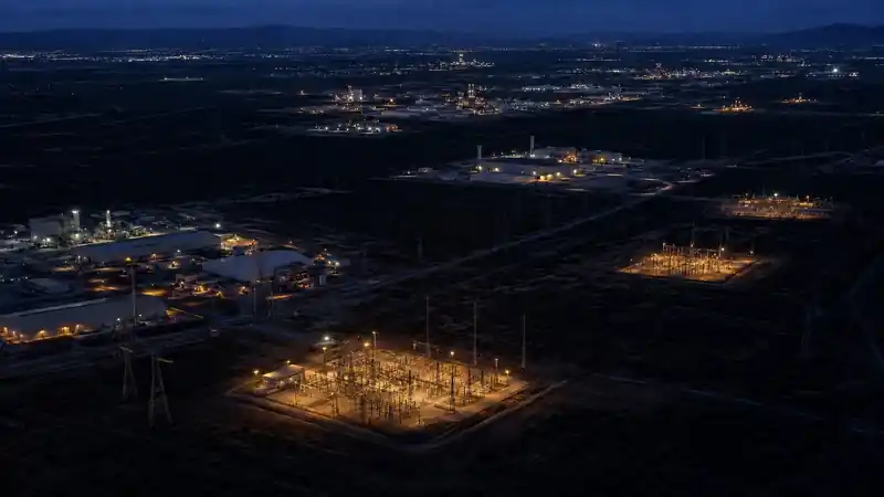 Parque industrial iluminado de noche con varias plantas y una subestación eléctrica